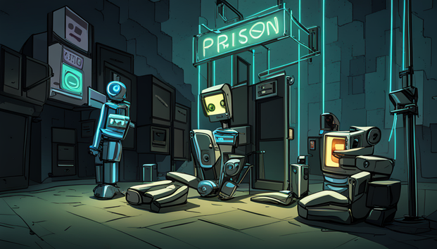 A robot looking at a neon sign that reads "PRISON".