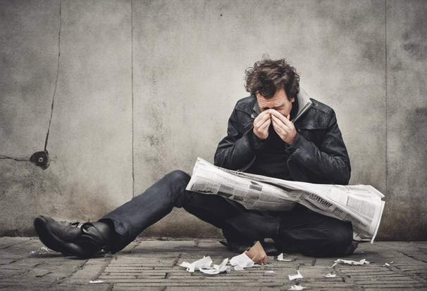  sneezing man being hit by a newspaper, high resolution, urban landscape