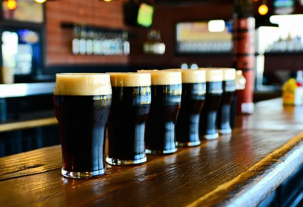 A row of black pint glasses lined up along a bar.