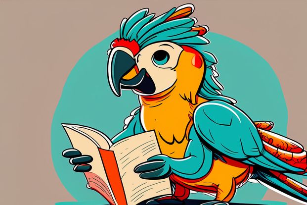 A parrot reading a book