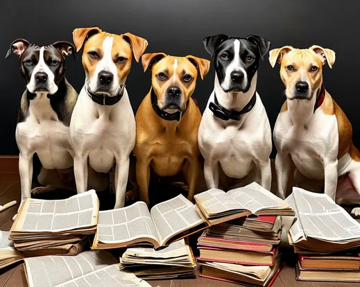 dogs standing in front of a pile of newspapers and books