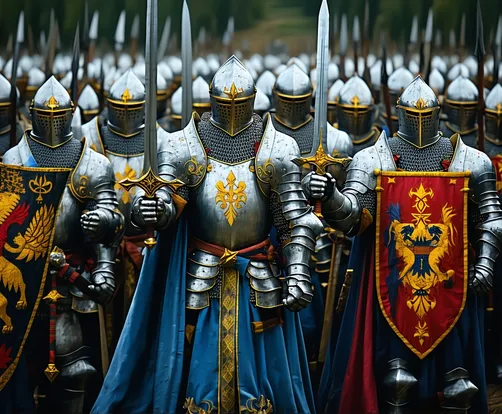 A diverse group of knights in full armour facing directly toward the camera, swords raised and pointed at the viewer as if we are the enemy they're about to charge.