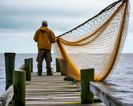 a fisherman standing on a pier with a giant net