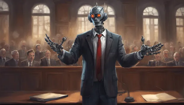 Evil robot lawyer in a full courtroom