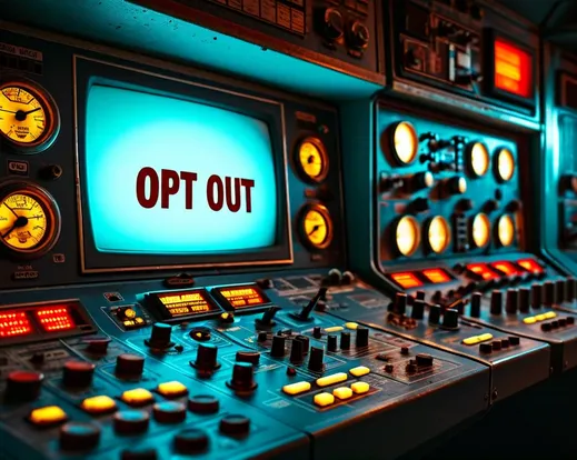 A vintage control room panel with large switches and dials, one large screen with ''opt out'' spelled on it