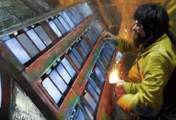  shaggy haired wizard, 2000 AD style, hi tech, detailed