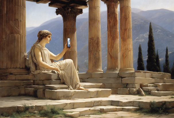 Oracle at Delphi holding a mobile phone, classical temple, classical art