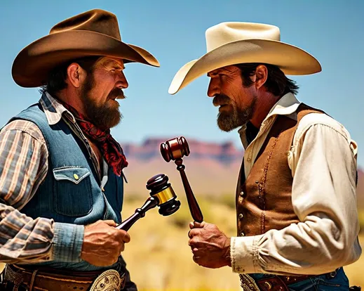 two cowboys having a standoff and holding a gavel