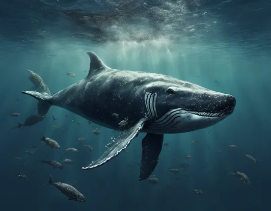 a massive, very evil looking humpback whale swimming in the depths of the ocean with small fishes around it