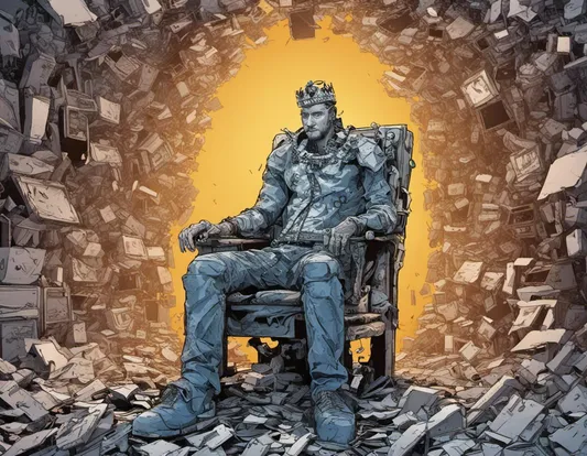 A man with a crown sitting on a chair surrounded by broken equipment