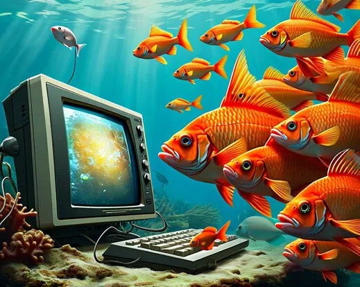 A shoal of fish eating a computer