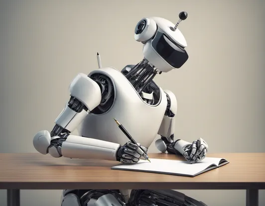 Robot holding a pen and writing something on an empty piece of paper