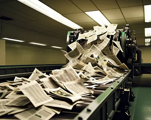 A frantic, malfunctioning machine rapidly spitting out endless papers, overflowing conveyor belts and jamming the room