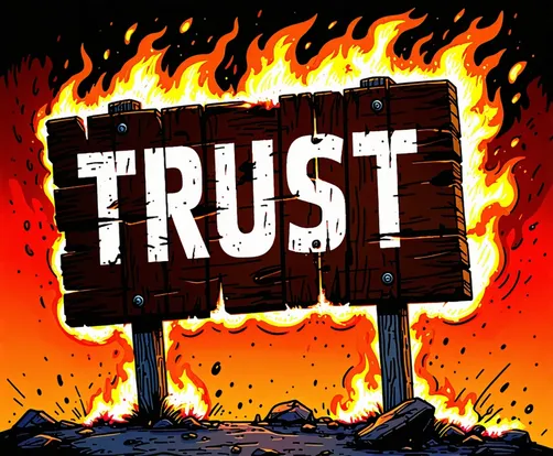 A weathered wooden roadside sign with the word TRUST painted in white block letters, the sign engulfed in flames from belo
