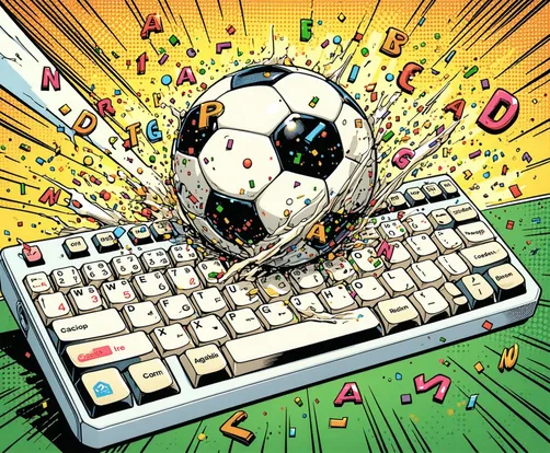 A close-up action shot of a keyboard striking a soccer ball, letters and punctuation scattering like confetti from the point of contact