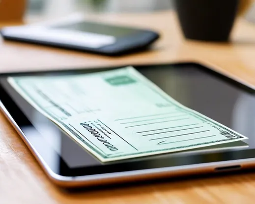 a written paper check that is placed on a tablet
