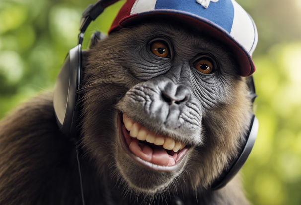 Monkey wearing a baseball cap, headphones, smiling, classical art, 4k, 