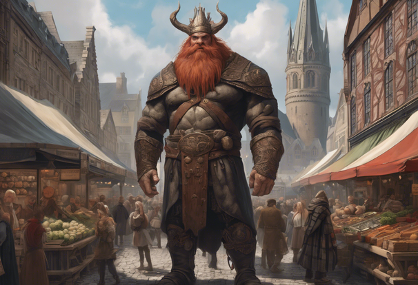 A giant stands in a marketplace