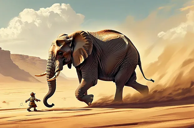 A large elephant running through a desert, dragging a small man behind it who is desperately trying to slow the elephant down and bring it under control.