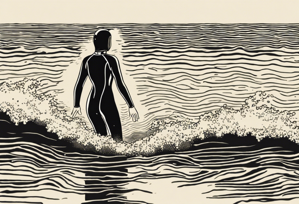  a woman in a wetsuit swimming against the sea, 1980s graphic style