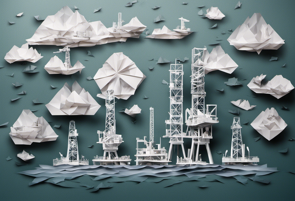 oil rig platforms drilling in the stormy sea of social media, origami style