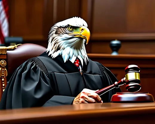 a court judge with the head of an american bald eagle sitting in the courtroom holding a gavel