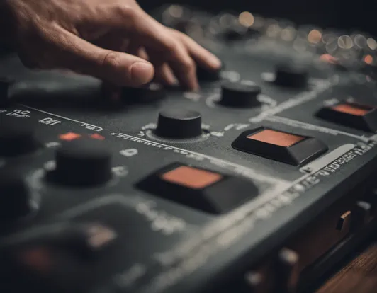 A human hand turning the volume control dial of a music centre