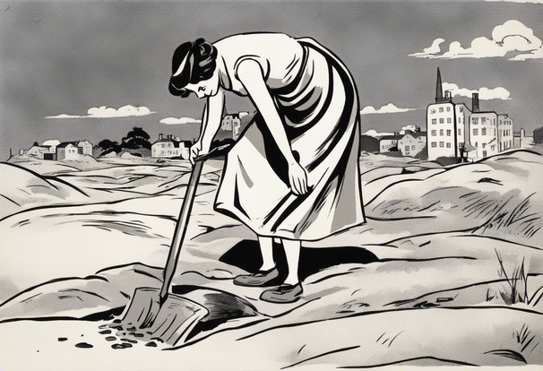 a woman burying sheets of paper in the ground with a spade, 1930s cartoon