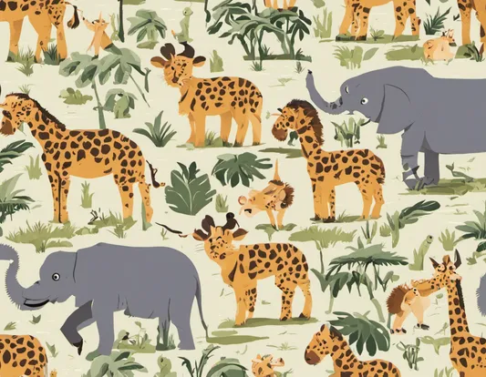 Elephants, giraffes and other animals surrounded with plants