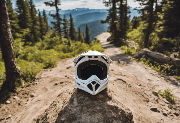 Mountain biking helmet on a downhill track