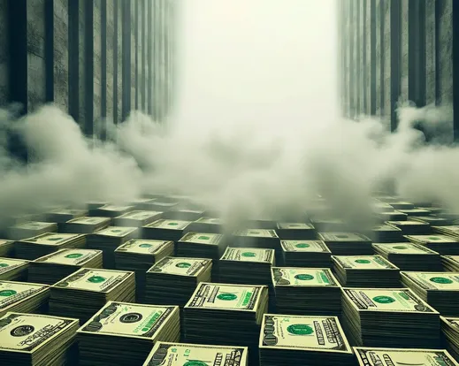an optical illusion with a lot of fog and dollars 