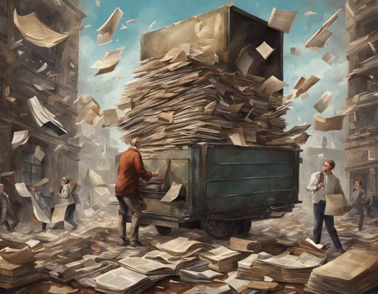 journalists throwing books and newspapers into a huge machine