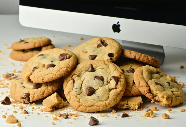 Crumbling cookies in front of a computer