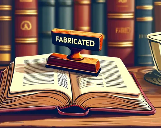 An open book on a desk with a "FABRICATED" rubber stamp pressed across one of the pages. 