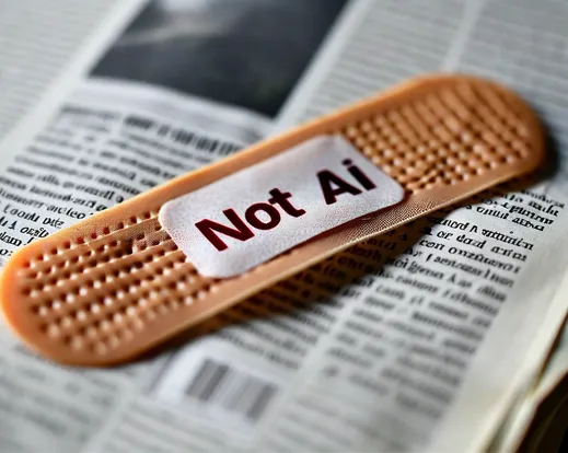 a bandaid that says not AI covering books and newspapers