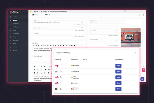Glide Publishing Platform, Glide CMS, Glide Go, and Glide Nexa are a suite of products which help publishers and media bring audiences and content together.