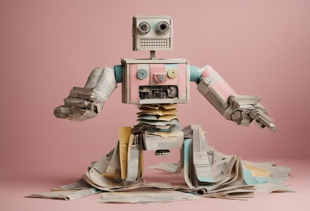 Vintage sports car with classic curves, captured in a moody, low key light with selective focus on the grille, classic, retro, moody, detailed  Logo Logo Logo Logo a robot made of newspapers, art deco, analogue photography, pastel colours