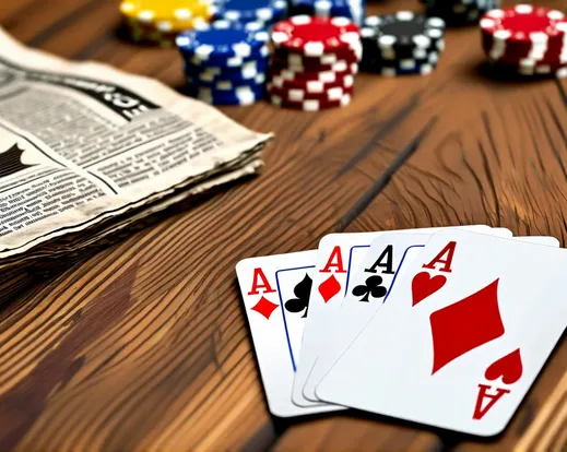 cards next a newspaper on a wooden table, with four aces showing