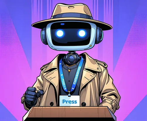 A chatbot character wearing a trench coat, a press badge lanyard, and a fedora  standing at a conference podium 