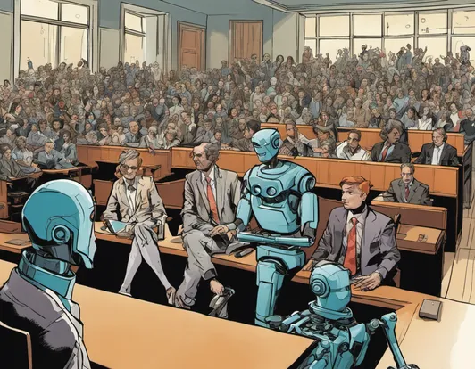 a courtroom full of people and robots sitting