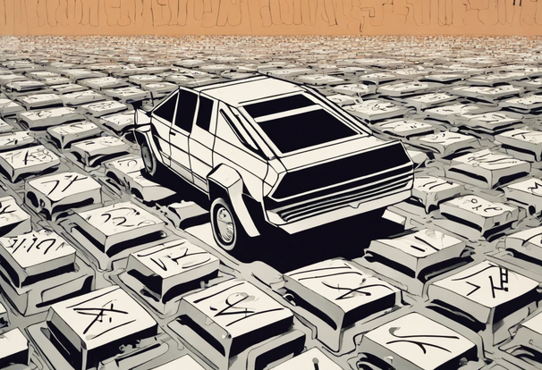 tesla cybertruck driving through a sea of question marks, 1970s advertising