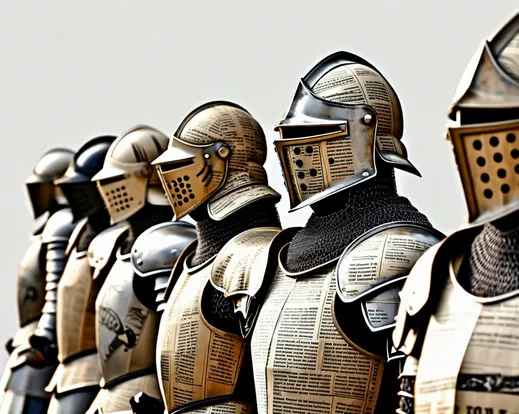 a line of medieval armours made out of newspapers
