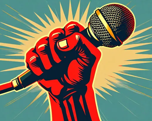 A clenched fist raised  holding a podcast microphone, Soviet propaganda poster style