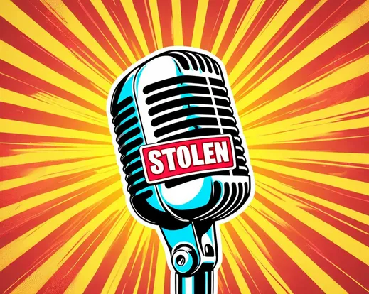 A microphone with a ''STOLEN'' sticker slapped across it