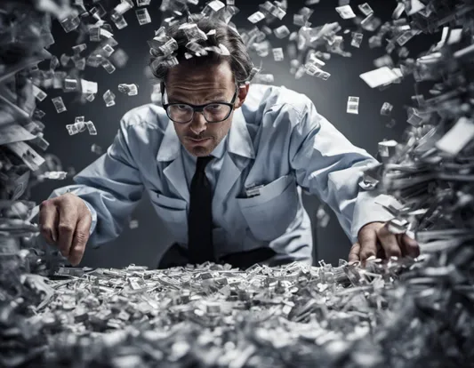 A scientist rearranging papers that are flying around him