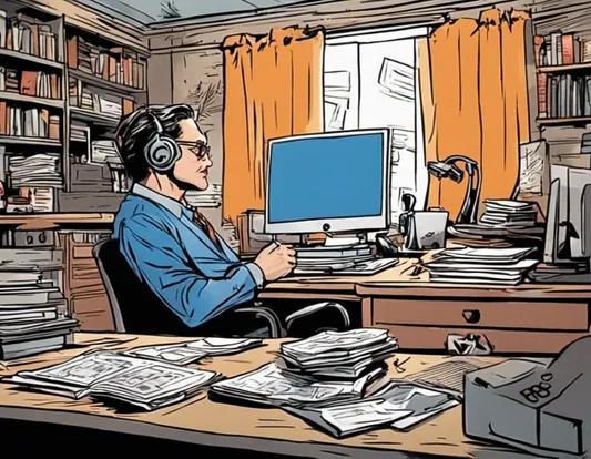 A journalist in office watching a video on the history of the publishing industry