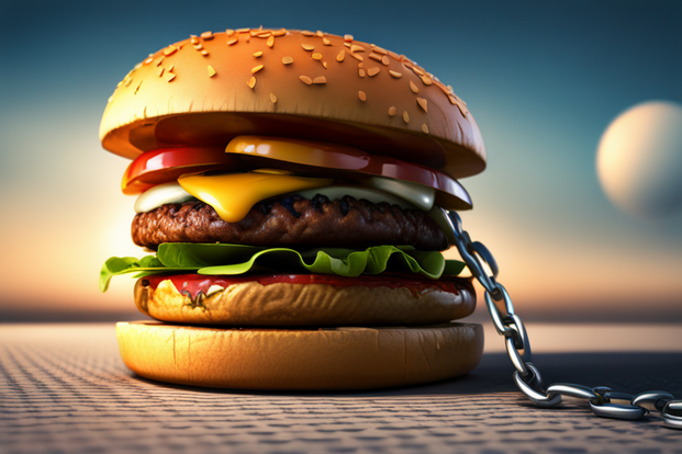 A burger with a chain attached to it by Stable Diffusion