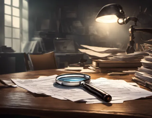 a magnifying glass on a stack of papers on a table in a dimly lit office