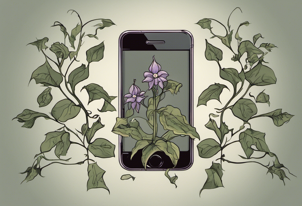  deadly nightshade growing through a mobile phone, art deco style