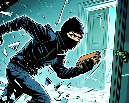 A masked thief mid-sprint, clutching a book, with shattered glass behind them and a door swinging open, frozen in the moment of escape